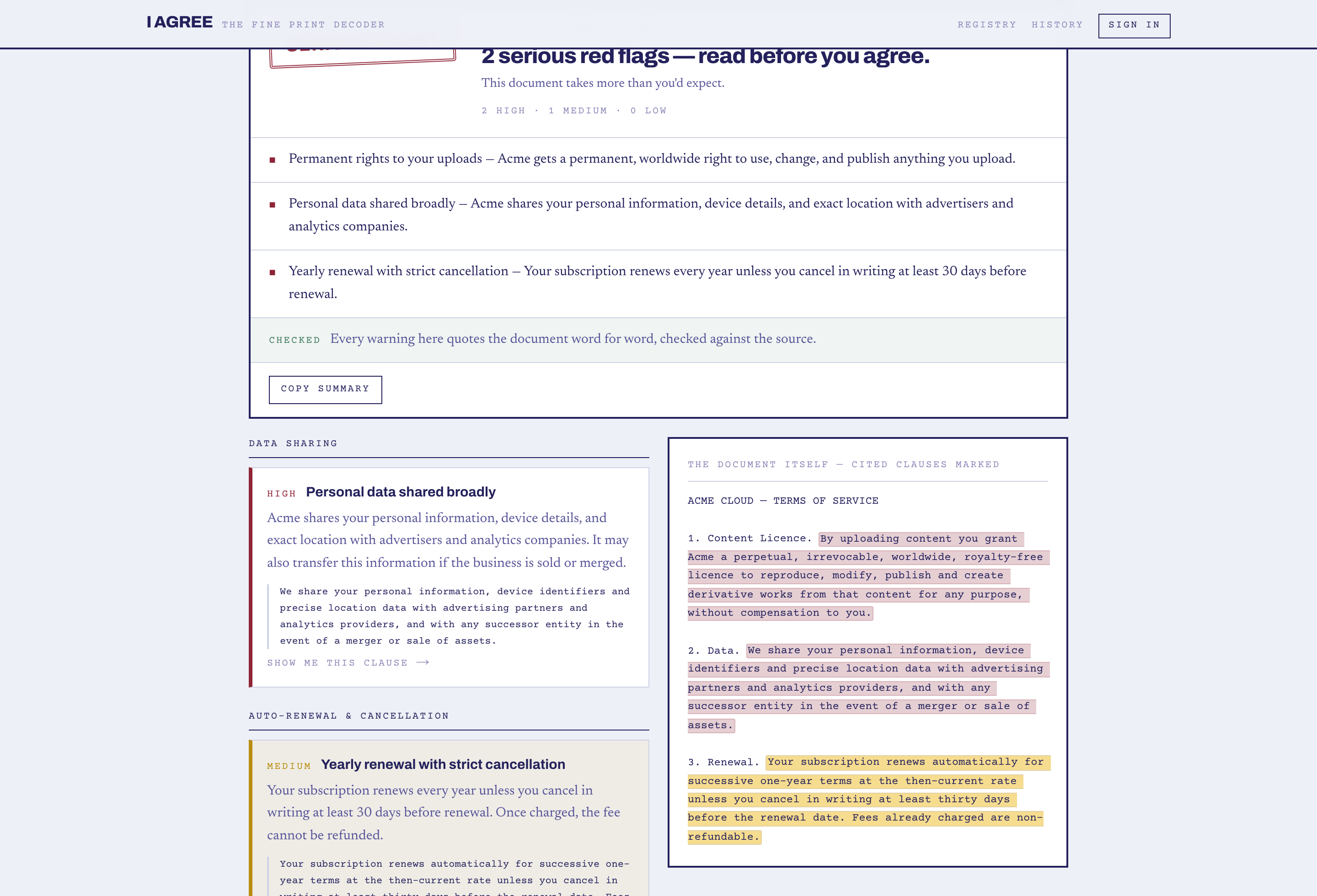 The prototype: risk flags on the left, the source document on the right with every cited clause highlighted.